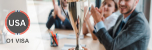 Group of professionals celebrating a trophy win representing O1 visa eligibility for extraordinary ability.