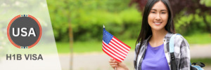 Happy student holding an American flag, symbolizing new opportunities with an H1B visa.