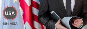 Professional holding documents near U.S. flags, symbolizing an EB1 visa application.