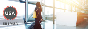 Professional woman traveling at an airport with an EB1 visa for permanent residency.