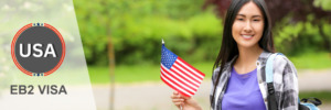 Happy woman holding an American flag, celebrating EB2 visa approval.