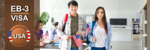 Smiling professionals holding U.S. flags for EB-3 Visa approval.