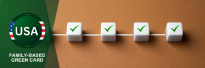 Checklist blocks with green checkmarks, representing completed steps in the immigration process.