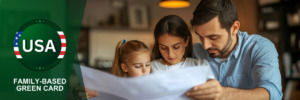 Family reviewing paperwork together, preparing for a family-based green card application.